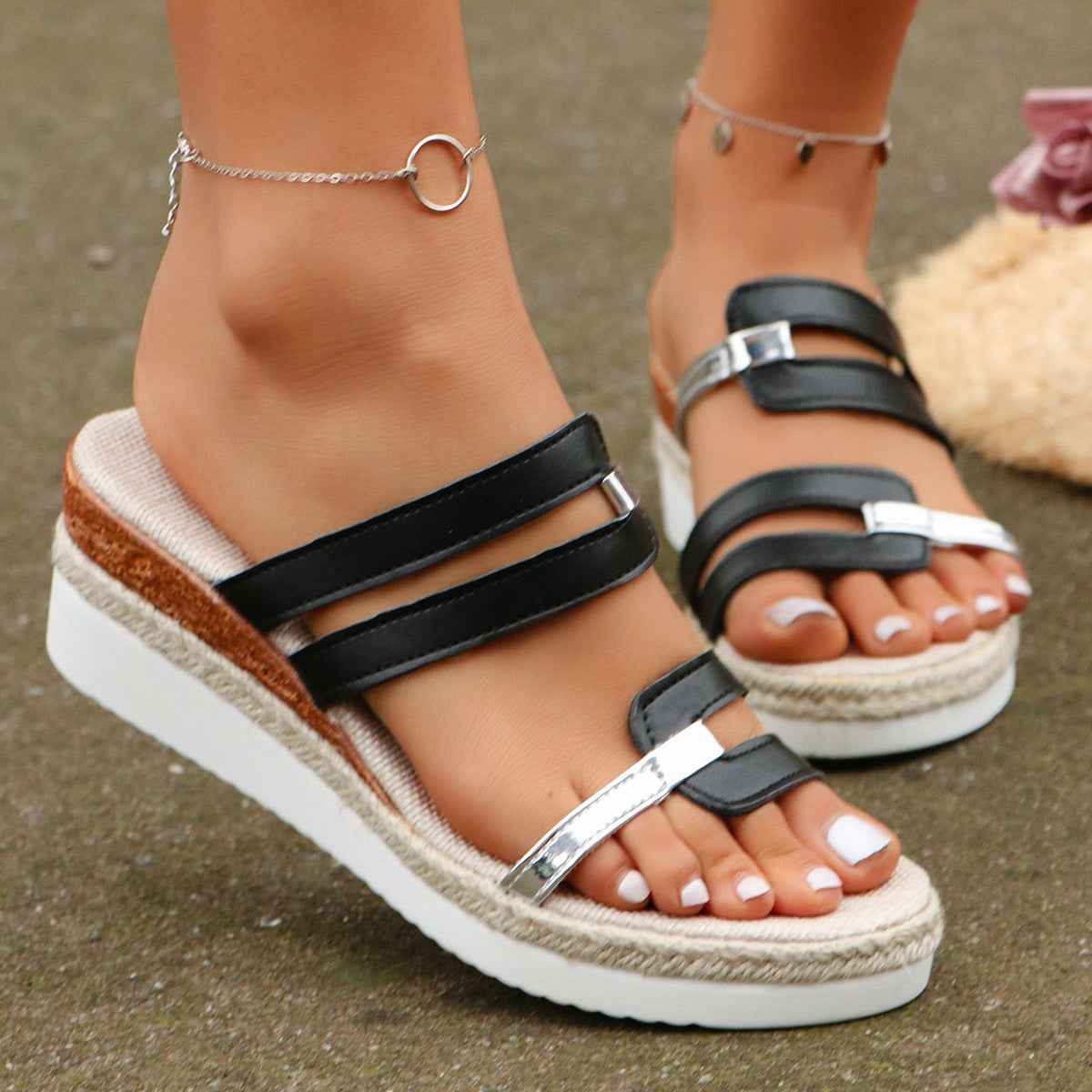 Women's Colorblock Wedge Sandals | Hemp Heel Platform Slides - Open Toe Summer Shoes
