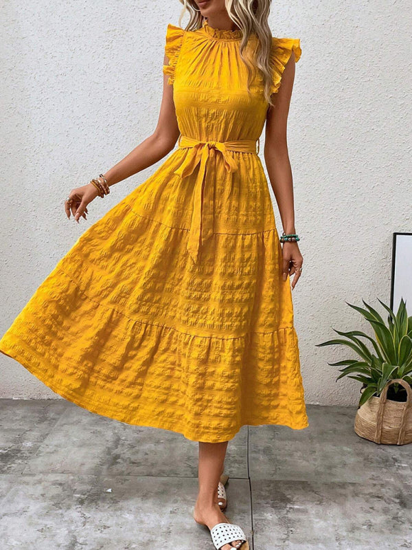 Ruffled Flying Sleeve Lace-Up Textured Dress - Spring Summer Fashion